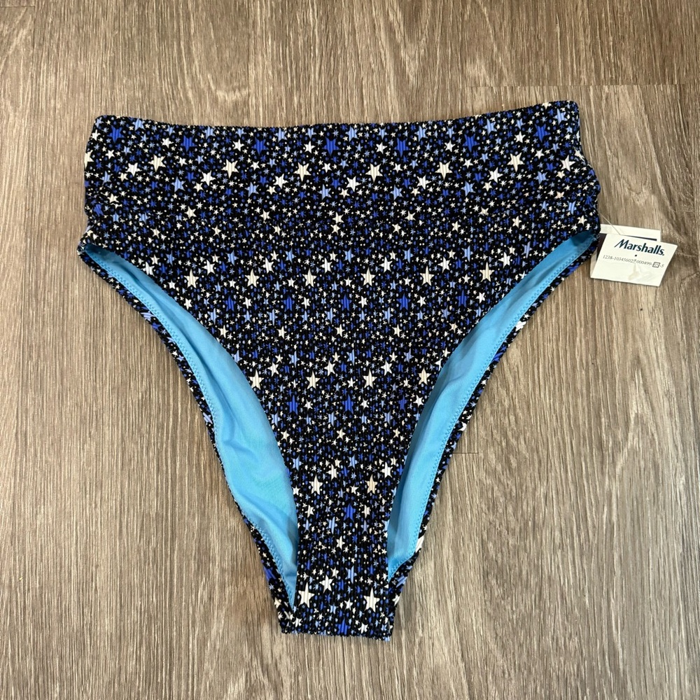 Aerie Seersucker ribbed stars bikini bottom swim high cut cheeky NWT